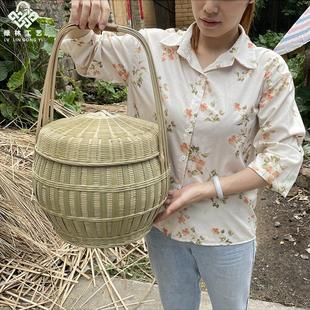 竹编大号提篮双层提篮带盖野餐提篮大容量拜山篮家用精编水果菜篮