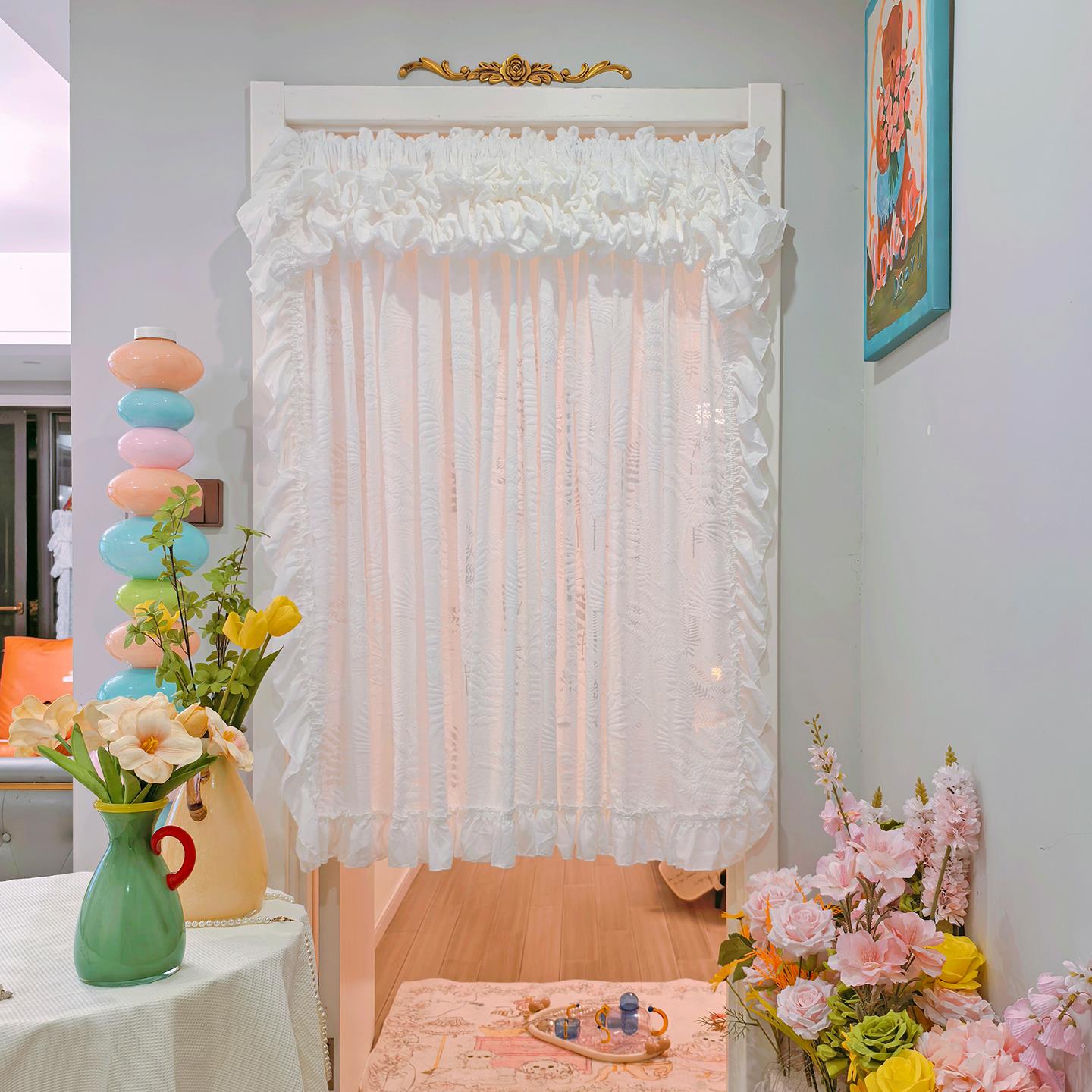 公主风白色多层蛋糕裙摆纱帘浮雕屏风隔断帘入户门装饰半帘蕾丝