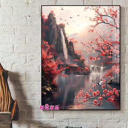 桃花风景钻石画满钻客厅江南山水点钻十字绣新款高难度带框钻石绣