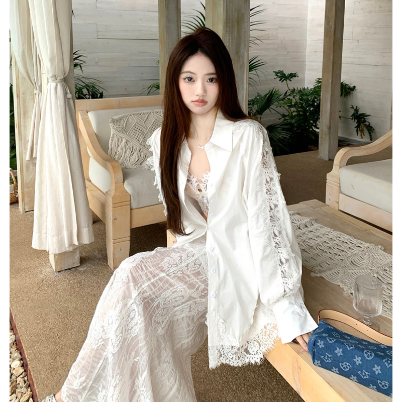 法式设计感白色蕾丝镂空长袖衬衫女夏季慵懒风薄款防晒上衣外套潮