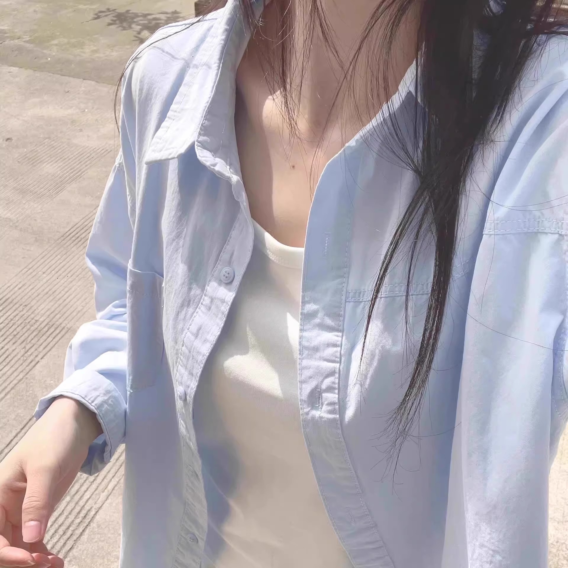 纯棉蓝色衬衫女春秋2025新款翻领长袖衬衣外穿小个子韩系防晒上衣