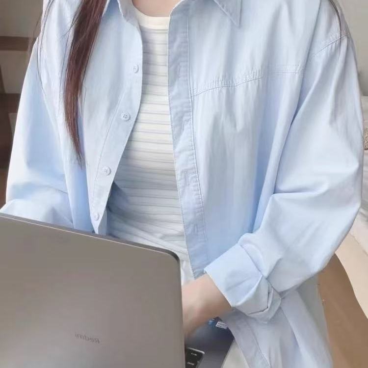 春夏季纯棉蓝色衬衫通勤穿搭设计感新款女薄款长袖衬衣外套防晒