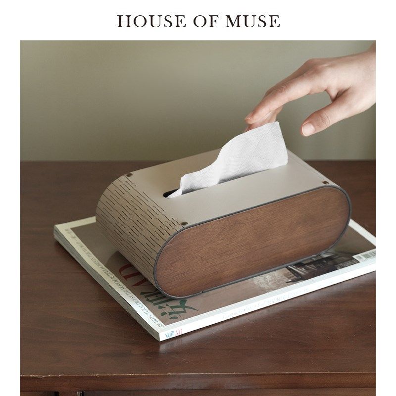 缪斯家 中古胡桃木纸巾盒大象灰皮革创H意软装桌面摆件覆古卫生纸