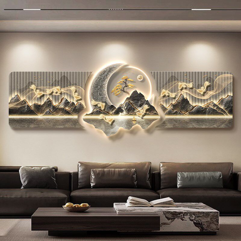 新中式客厅装饰画流水生财九鱼图轻奢高级感山水画沙发背景墙挂画