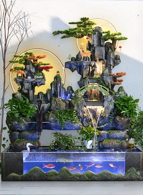 大型假山瀑布循环流水摆件生财风水鱼缸室内景观造景户外水池喷泉