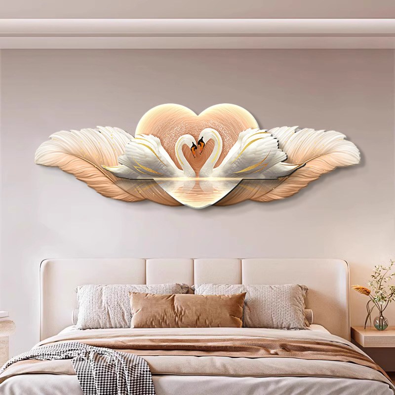 LED带灯轻奢羽毛天鹅床头画卧室挂F画现代简约酒店装饰画主卧壁灯