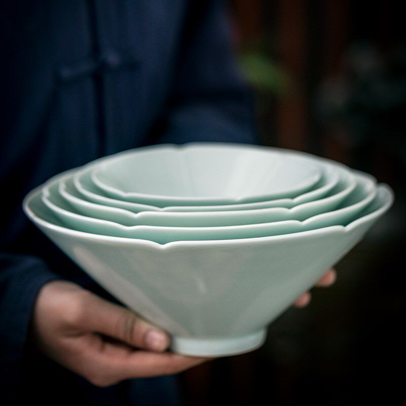 仿宋薄胎葵口斗笠碗湖田影青陶瓷碗5寸到9寸创意点心凉菜碗甜品碗