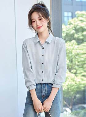 蓝色纯棉条纹翻领女士衬衣秋季2025新款女装爆款设计感小众衬衫