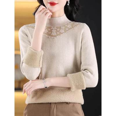 秋冬新款半高领毛衣女内搭加绒加厚针织衫绣花一体绒洋气打底上衣