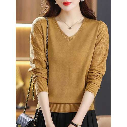 v领打底衫女士春秋2025新款女装镂空薄款上衣内搭洋气大码长袖t恤