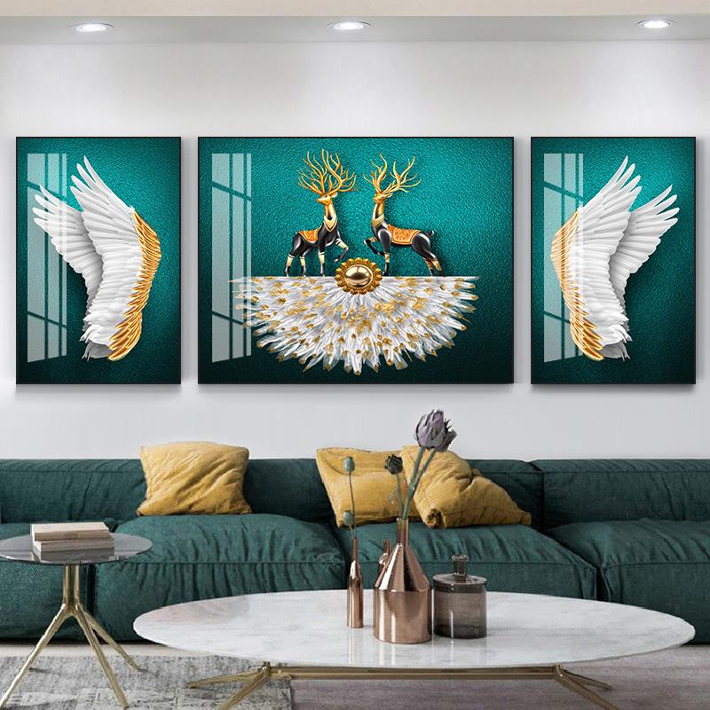 抽象客厅装饰画现代简约时尚沙发背景墙三联挂画羽毛晶瓷镶钻壁画图片