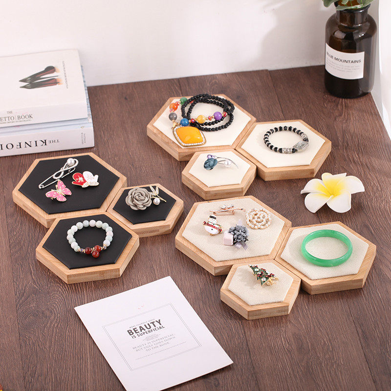 天然竹木六边形三件套饰品戒指耳环项链珠宝首饰展示架陈列道具
