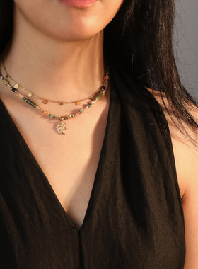 飞燕复古小众吊坠绿色系天然石串珠项链红玛瑙虎石双层叠戴锁骨