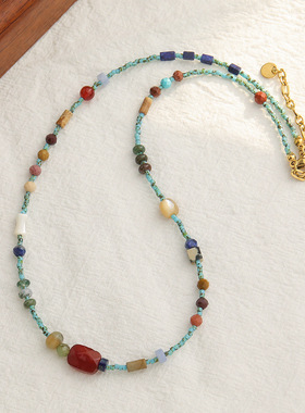 新中式绿松石红玛瑙玛瑙点缀串珠项链气质女高级蓝色锁骨链