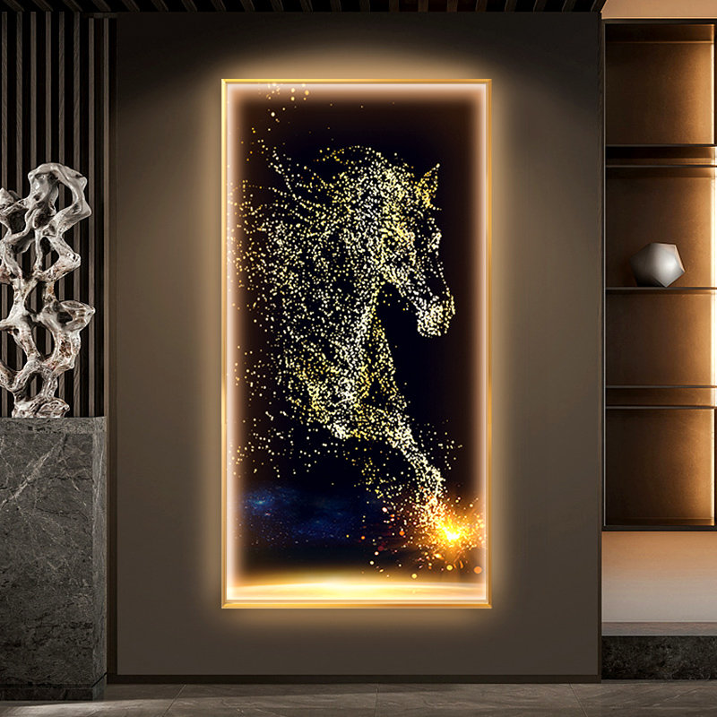 现代轻奢简约吉祥马到p成功玄关装饰画竖版带灯灯画入户进门挂画