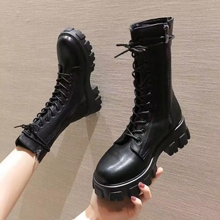 大码 网红厚底系带马丁靴女小个子粗跟U中筒机车靴4 女鞋 41一43冬季