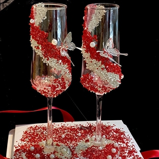 红色蝴蝶装饰敬酒杯结婚婚礼高脚杯diy手工礼物香槟杯一对送闺蜜