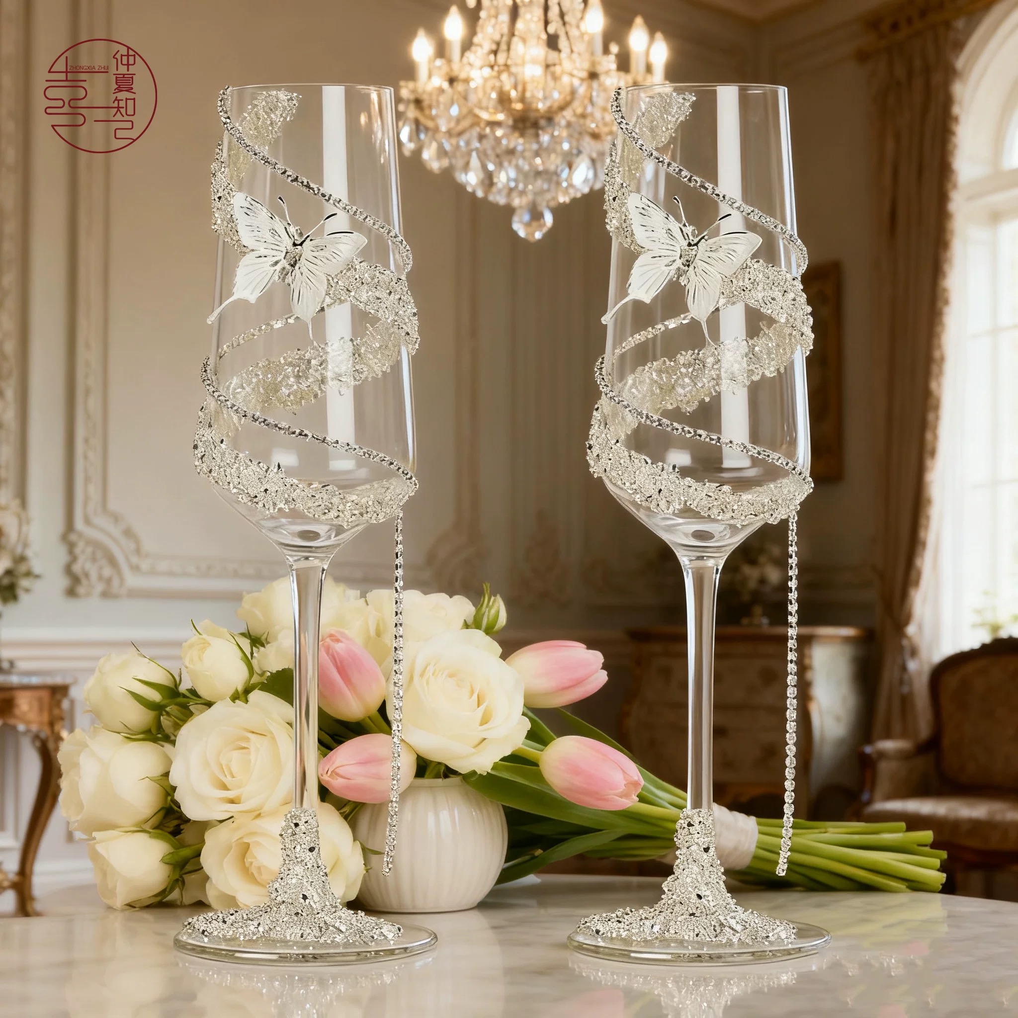 DIY敬酒杯蝴蝶碎钻装饰
