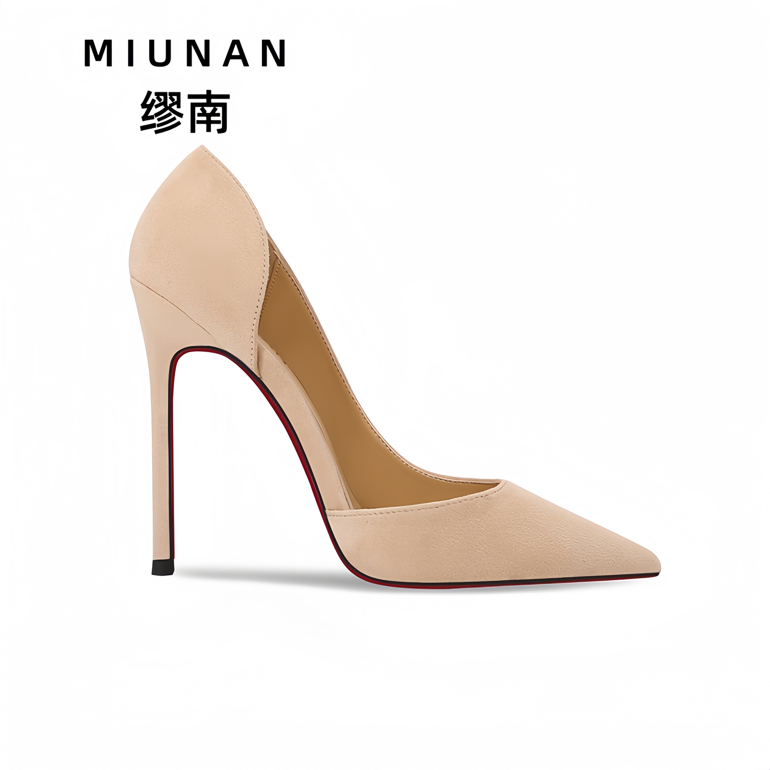 12cm裸色高跟鞋缪南浅口侧空红底