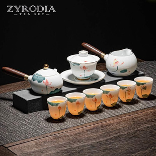 家用陶瓷泡茶壶羊脂玉白瓷盖碗茶杯礼盒 ZYRODIA 手绘功夫茶具套装