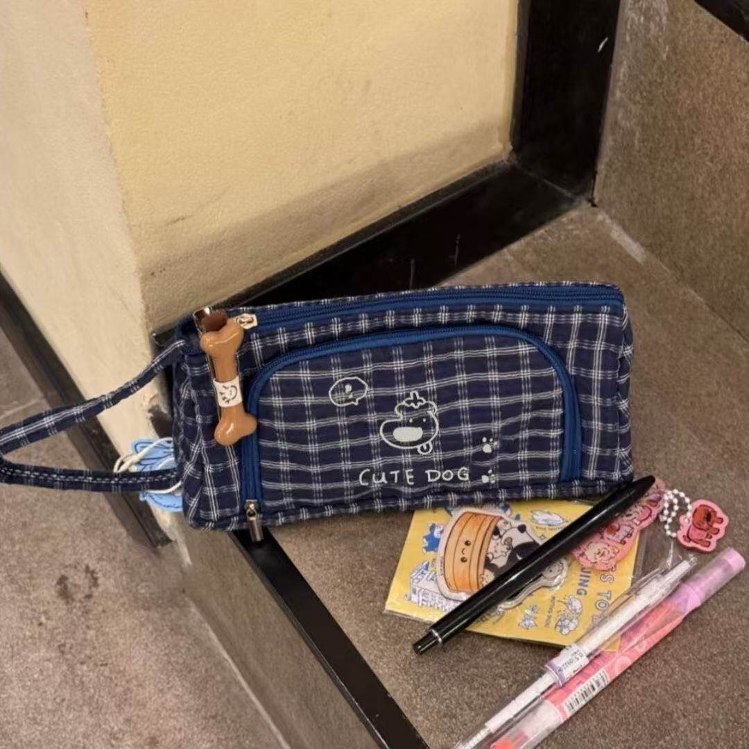 卡通小狗笔袋ins格子风日系开窗新款高颜值森系大容量简约