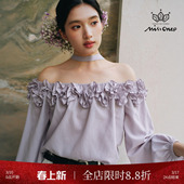 上衣配挂脖飘带春季 浪漫一字肩花瓣领灯笼袖 春雀跃 Missonep蝉