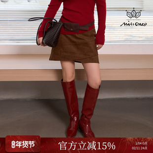 Missonep蝉【沉香至】复古麂皮a字不规则分割设计款半身裙女冬季