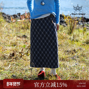 Missonep逸【莫妮卡】复古风藏青色高腰格纹半身长裙配腰带女冬季