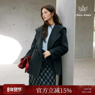 Missonep蝉【雪境语】松弛感深灰大翻领收腰系带毛呢外套女冬季