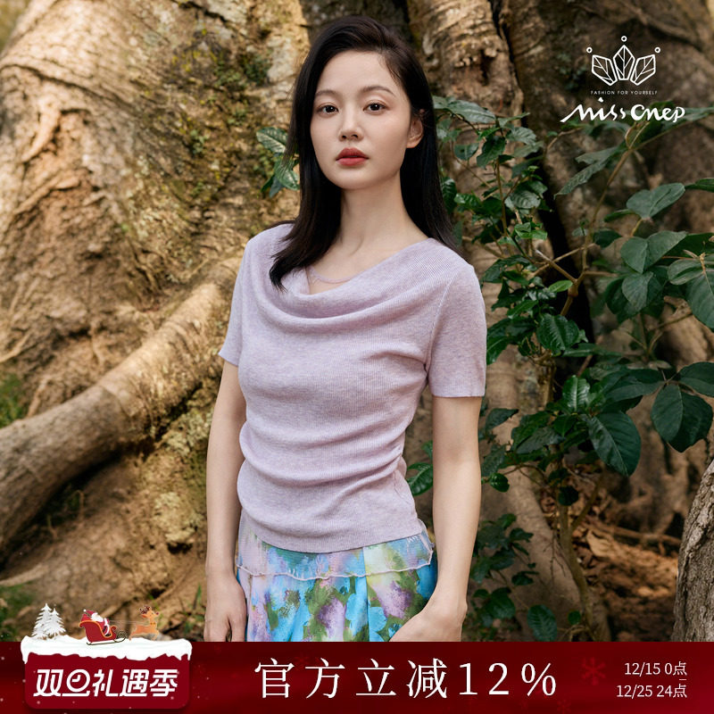 Missonep荡领网纱拼接短袖针织衫