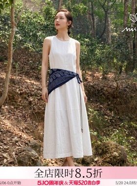 Missonep蝉【夏梦绮】极简风白色无袖圆领连衣裙配腰封女2026夏季