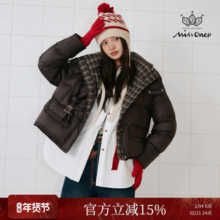 Missonep逸【雾里枝】复古风深棕格纹撞色领短款羽绒服女2025冬季