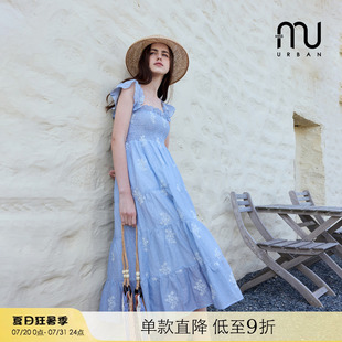 蓝白刺绣连衣裙女夏季 Missonep蝉 度假风方领飞飞袖 法式 Urban
