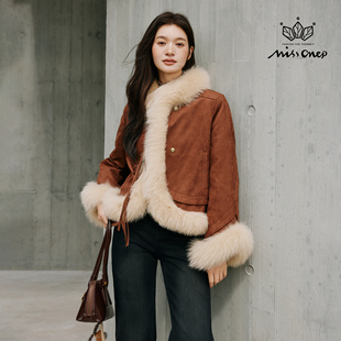 Missonep蝉【雪溶意】浪漫风90鹅绒狐狸毛拼接绑带皮草外套女冬季