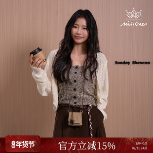 Missonep逸【千织沁】复古短款针织开衫配杂色纽扣吊带两件套冬季