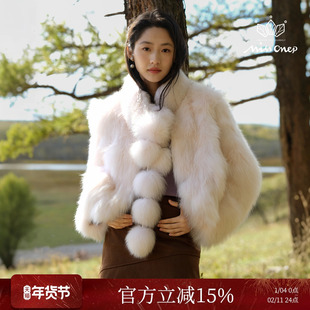 Missonep蝉【雪洛曼】浪漫风白色立体毛球短款狐狸毛皮草冬季新款