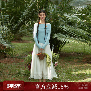 Missonep蝉【烟景】蓝色一字肩露锁骨下摆斜角针织衫上衣女春季
