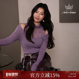 Missonep蝉【千织沁】浪漫风紫色荡领拼接蕾丝毛针织衫女冬季新款