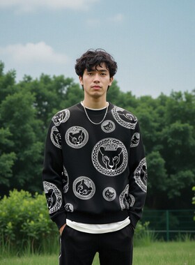 韩国原单高尔夫服装男女同款卫衣2024秋冬新款图案印花圆领上衣