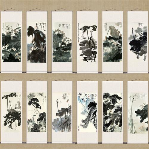 张大千荷花水墨画条幅花鸟画客厅卧室装饰挂画酒店壁画荷花风水画图片