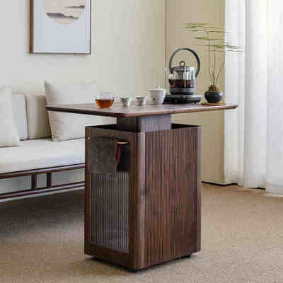 黑胡桃木小茶桌茶水柜一体茶台可移动阳台桌小户型客厅茶几沙发边
