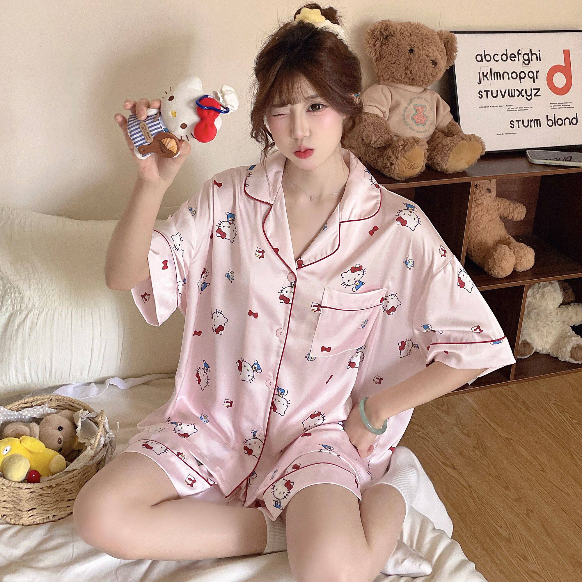 夏季冰雪丝凯蒂猫女睡衣三件套