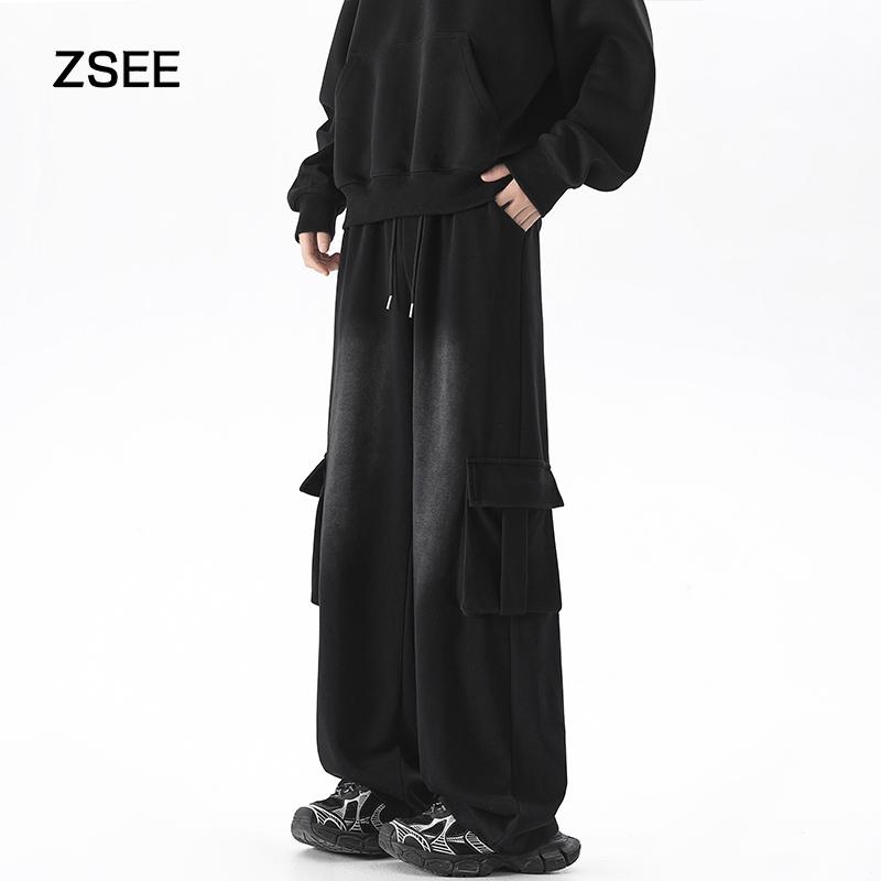 ZSEE 春季新款大口袋卫裤男美式潮牌水洗直筒宽松大码运动休闲裤