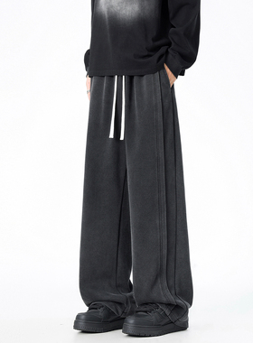 ZSEE 直筒卫裤男款秋冬加绒保暖宽松大码水洗黑色运动裤休闲长裤