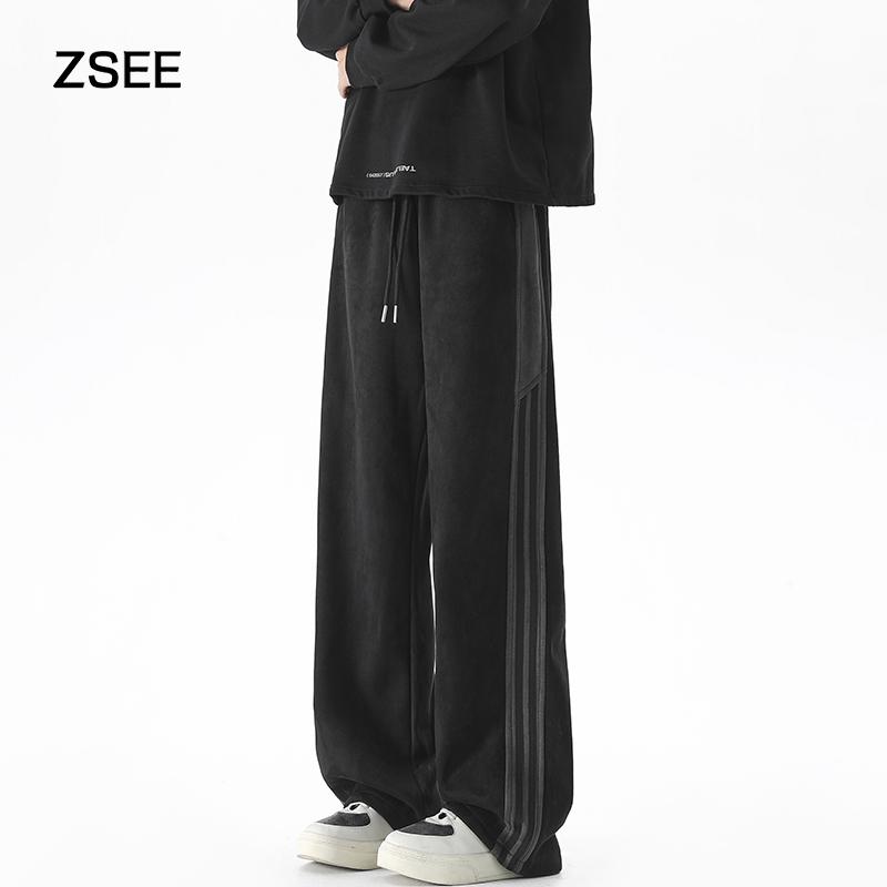 ZSEE美式条纹麂皮绒宽松休闲卫裤