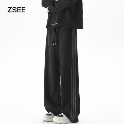 ZSEE美式条纹麂皮绒宽松休闲卫裤
