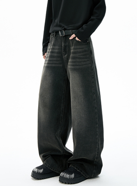 ZSEE美式复古牛仔裤男秋季新款潮牌渐变直筒水洗黑色休闲长裤子