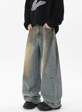 ZSEE美式复古弯刀牛仔裤男春夏季水洗做旧泼墨宽松阔腿休闲长裤子