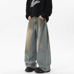 水洗做旧泼墨宽松阔腿休闲长裤 男春夏季 子 复古弯刀牛仔裤 ZSEE美式