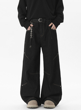 ZSEE美式宽松阔腿牛仔裤男春夏季新款铆钉设计解构直筒休闲长裤子